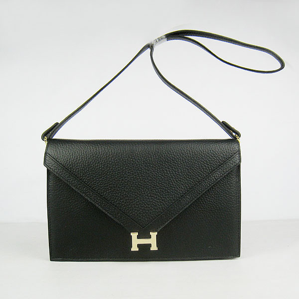 7A Hermes Togo Leather Messenger Bag Black With Gold Hardware H021 Replica